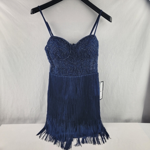 NWT B Darlin beaded corset fringe mini dress in slim blue Size 1/2 - Picture 5 of 8